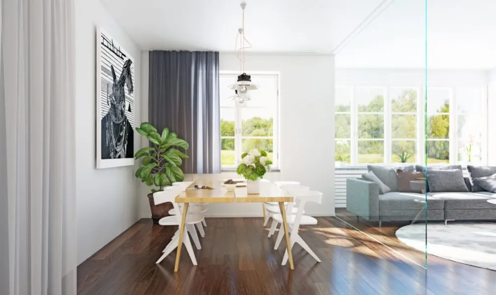 a living room filled with furniture and a large window