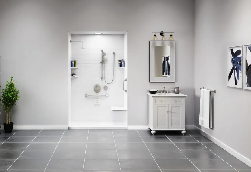 a kitchen with a sink and a mirror in a room