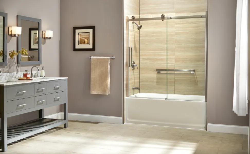 a room with a sink and a mirror