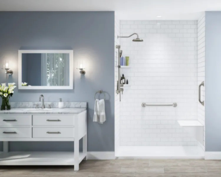 a bathroom with white walls