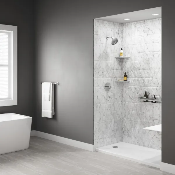 a bathroom with a marble shower