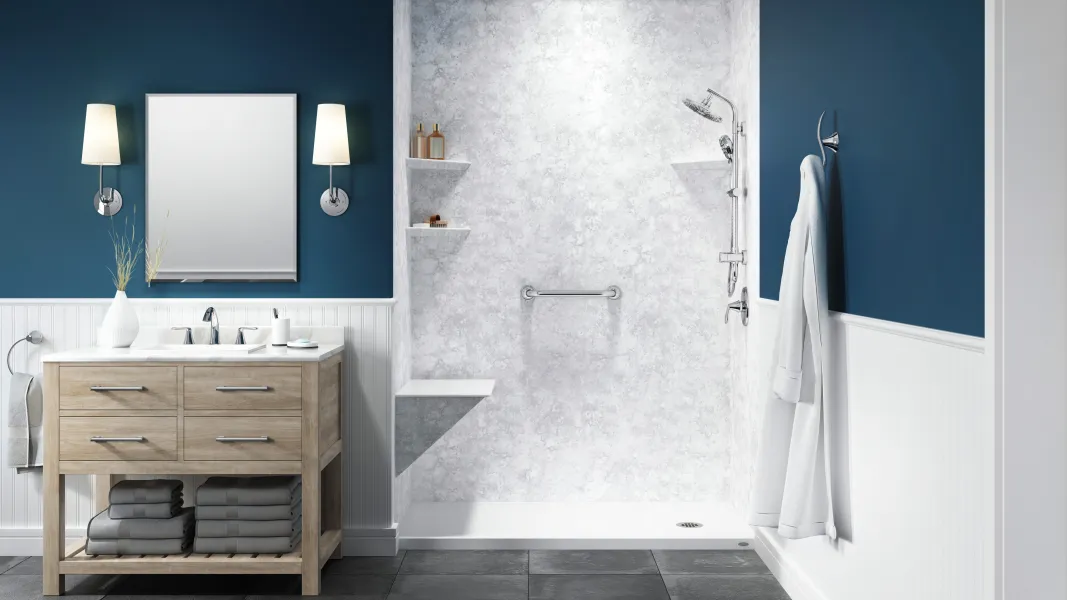 a bathroom with a shower and sink