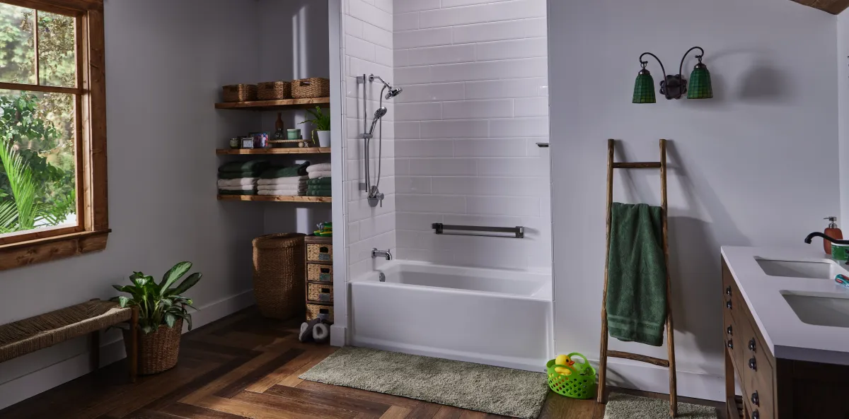a bathroom with a tub and shelves