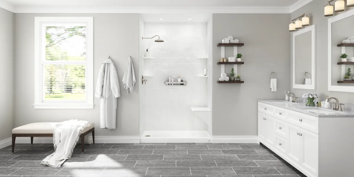 a bathroom with white walls