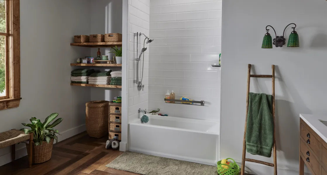a bathroom with a tub and shelves