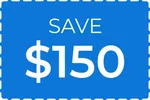 Blue coupon with white text offering to save $150 on a purchase or service.