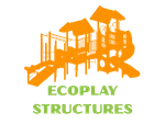 Orange playground climbing structure with slides and bridges with green text Ecoplay Structures below