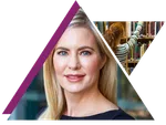 Profile of a confident blonde woman with blue eyes alongside a smaller image of a woman reaching for a book in a library.