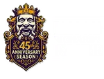 King Richard's Faire 45th anniversary logo featuring a crowned king's face and ornate shield design