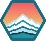 Hexagonal logo featuring layered mountain peaks with gradient orange sky background