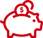 Red outline of a piggy bank with a dollar coin being inserted into the slot, symbolizing saving money.