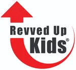 Logo of Revved Up Kids featuring bold text and a large red upward arrow forming a curved shape.