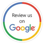 Round badge with colorful border and text Review us on Google in the center