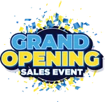 Colorful Grand Opening Sales Event sign with blue and yellow confetti celebrating a new store launch.