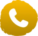 White telephone handset icon on a yellow irregular circular background representing a call or contact button