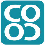 Blue square logo with black stylized letters forming 'COCO' in modern bold font.