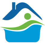 Abstract house with blue roof and base, featuring green wave and circle symbolizing a person inside.