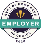 Best of Home Care Employer of Choice 2026 award badge with teal ribbon and gold accents