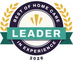 Best of Home Care Leader in Experience 2026 badge with laurel wreath and teal ribbon