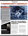 Cybersecurity Chronicle newsletter cover with a broken padlock symbolizing a data breach and tech tips for business protection.