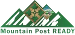Mountain Post READY logo with green mountain peaks, diamond shapes, and text promoting Fort Carson's preparedness program.