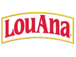 LouAna logo in bold red letters within a white and yellow curved rectangle background.