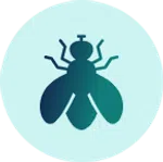 Blue and teal gradient fly icon with wings and six legs inside a light blue circular background