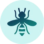 Stylized bee icon with dark teal body on light blue circular background