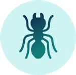 Silhouette of an ant in dark blue and teal on a light blue circular background