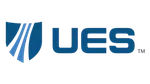 UES logo with a blue shield emblem and bold blue letters on a transparent background