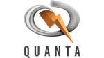 Quanta logo with an orange lightning bolt inside a silver circular brushstroke on a black background