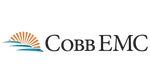 Cobb EMC logo with a stylized orange sun rising over blue waves and black text on a black background.