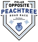 Polar Opposite Peachtree Road Race logo featuring a stylized peach and snowflakes with bold text and The Atlanta Journal-Constitution credit.