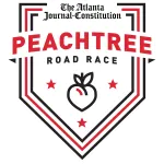 The Atlanta Journal-Constitution Peachtree Road Race logo with a peach icon and red stars in black and red colors.