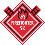 Red firefighter 5K logo with fire flame icon and crossed ladders in diamond shape design