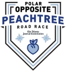 Logo for Polar Opposite Peachtree Road Race featuring a peach, snowflakes, and The Atlanta Journal-Constitution text.