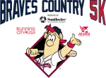 Braves Country 5K logo with animated baseball mascot holding bat and promoting Running City USA and Atlanta Track Club.