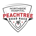 Shield-shaped logo for Northside Hospital Peachtree Road Race with red and black text and peach icon.