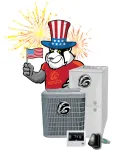 Patriotic badger mascot holds US flag with fireworks behind HVAC units and thermostat from Badger Bob's Services.