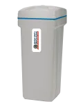 Tall gray plastic trash bin with blue trim and a Badger Bob's Services label on front.