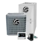 HVAC system components including air conditioner, furnace, thermostat, and air cleaner with logos.