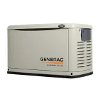 Light gray Generac Guardian Series home standby generator with vents and control panel on side.