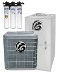 Home HVAC system components with air conditioner, furnace, and water filtration system under bright lighting.