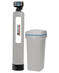Tall water softener system with control valve and separate brine tank with blue trim.