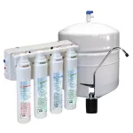 Home reverse osmosis water filtration system with multiple filter cartridges and storage tank