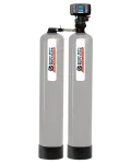 Tall dual tank water softener system with control valve and Badger Bob's Services labels on a white background