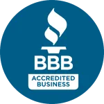 BBB Accredited Business logo with white torch symbol and text on a blue circular background