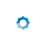 Blue gear wheel icon with a circular center divided into darker and lighter blue halves