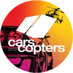 Circular logo with a car front and helicopter silhouette against a red to yellow gradient background