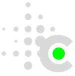Abstract digital logo with gray dots forming a triangle and a gray 'C' shape enclosing a green circle on black background